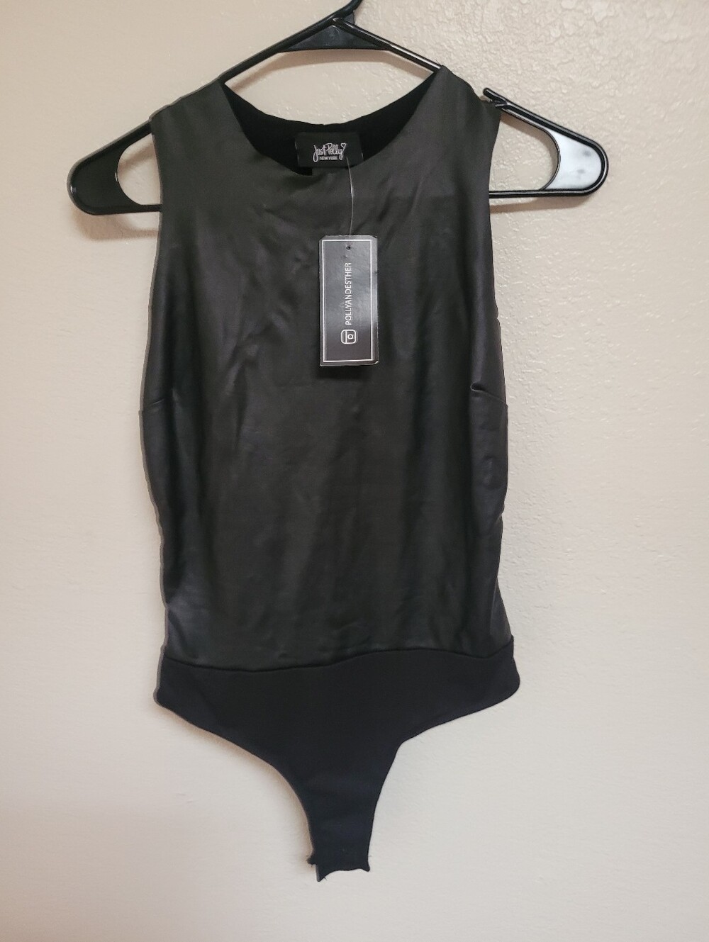 Just Polly Black Faux-Leather Sleeveless One-Piece Bodysuit